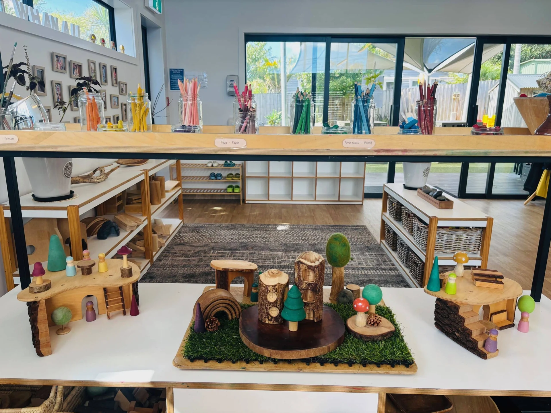 Colorful wooden toys and materials display