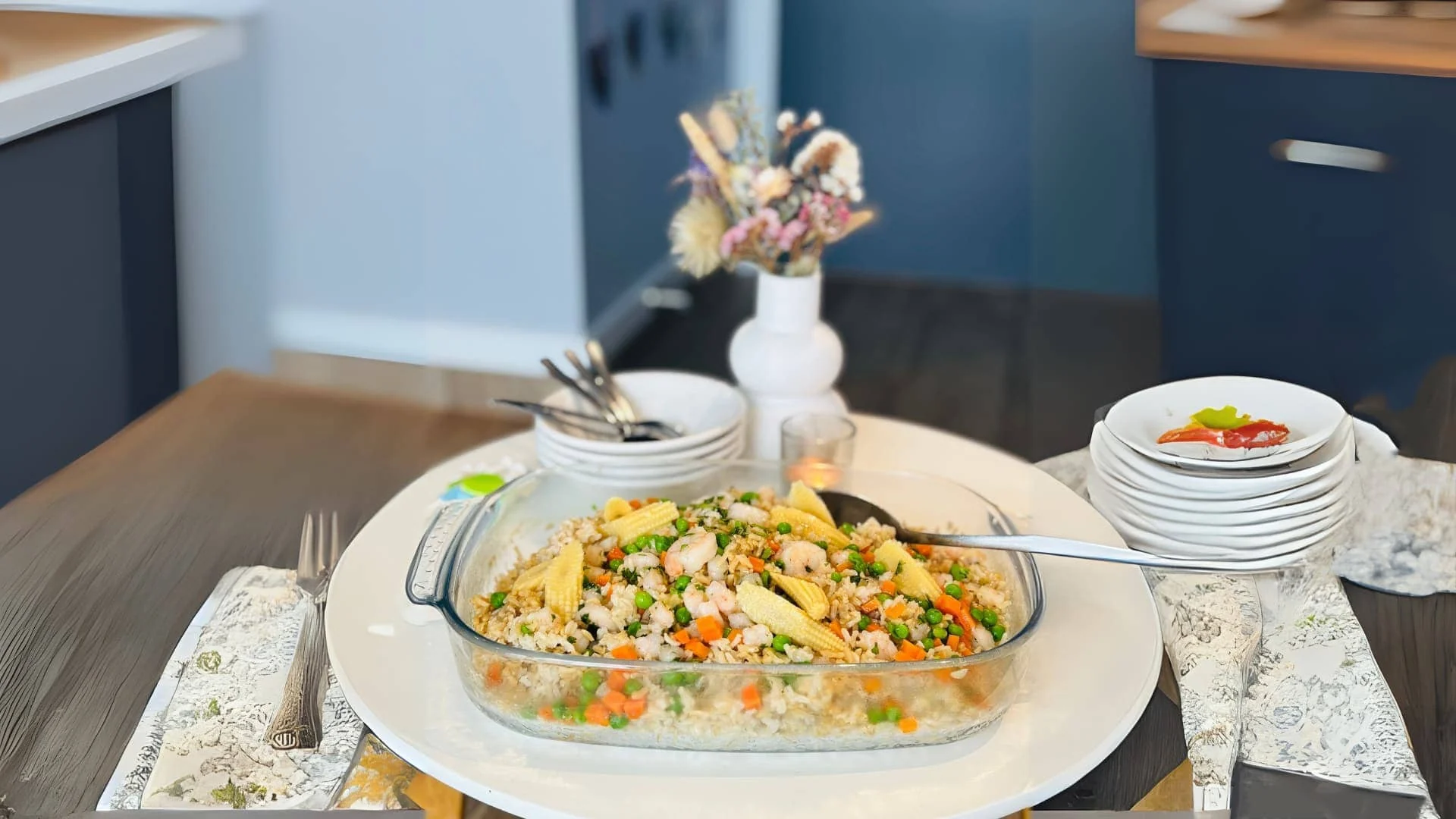 Colorful dish with vegetables and prawns